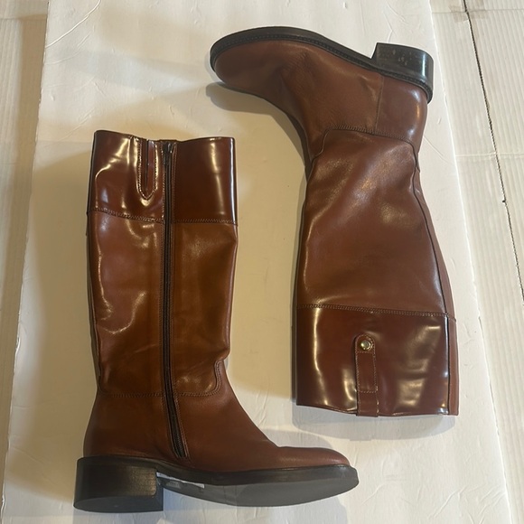 NWOT Minelli Naina cognac Brown Leather 2 toned Knee-High Boots w heel zipper - Picture 1 of 13
